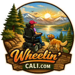 Cartoonish image with girl with brown hair and pink hat with a golden retriever dog walking beside her permobil electric wheelchair